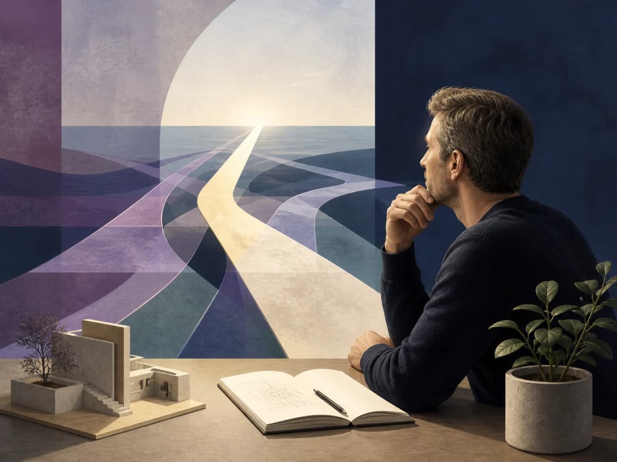 A man considering several illuminated paths as a metaphor for career direction