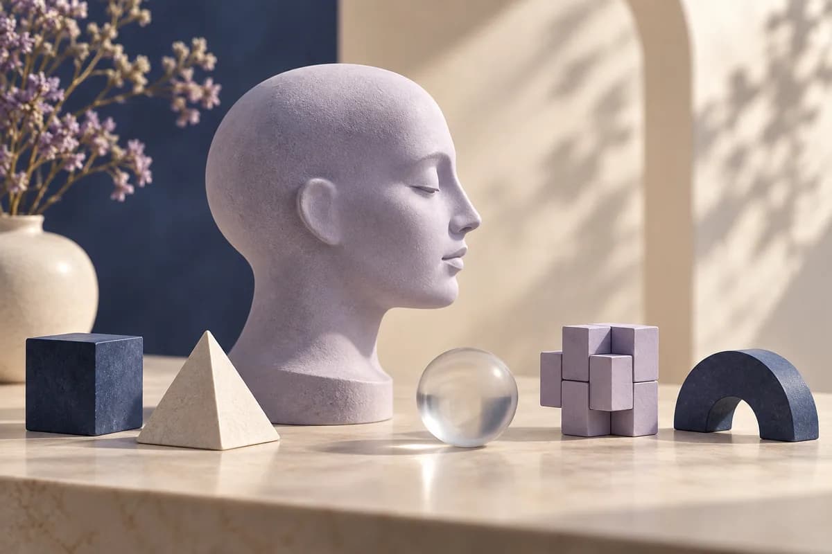 A sculptural head and geometric puzzles illustrating reasoning skills